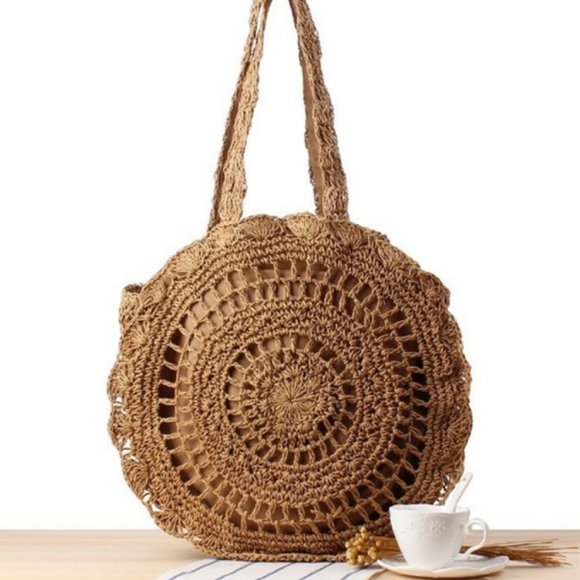 None Handbags - SALE Circle Handmade Crochet Shoulder Tote Bag Lined Zipper Light Brown Boho